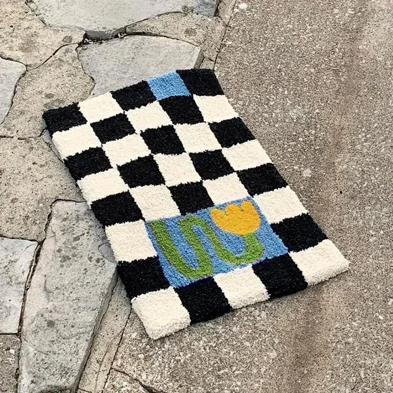 Retro Chessboard Plaid Bath Mats Fluffy Grids Soft Floral Carpet Bathroom Anti Slip Carpet Bedside Mats Ins Style Flocked floor mat