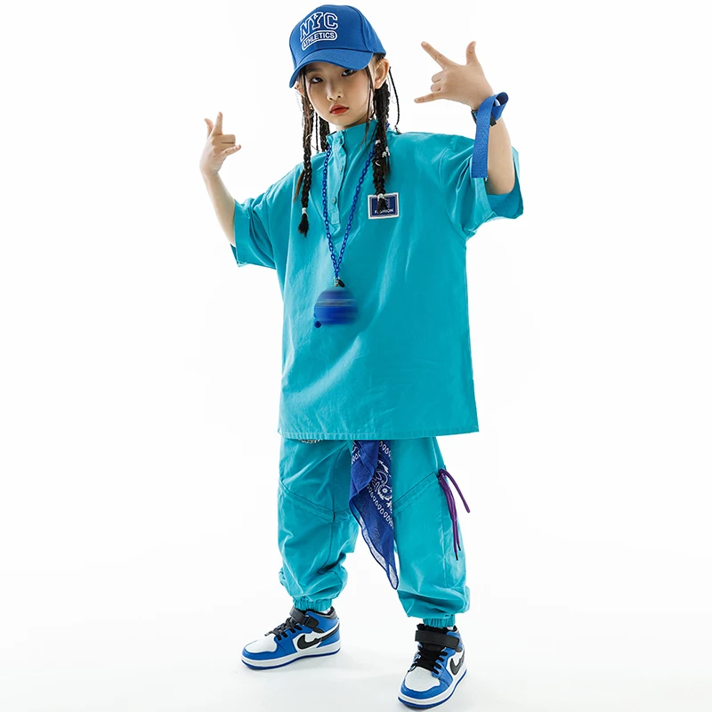 Kids Hip Hop Clothes Girls Loose T Shirt Pants Blue Suit Boys Street Dance Costume Kpop Concert Performance Wear BL10590