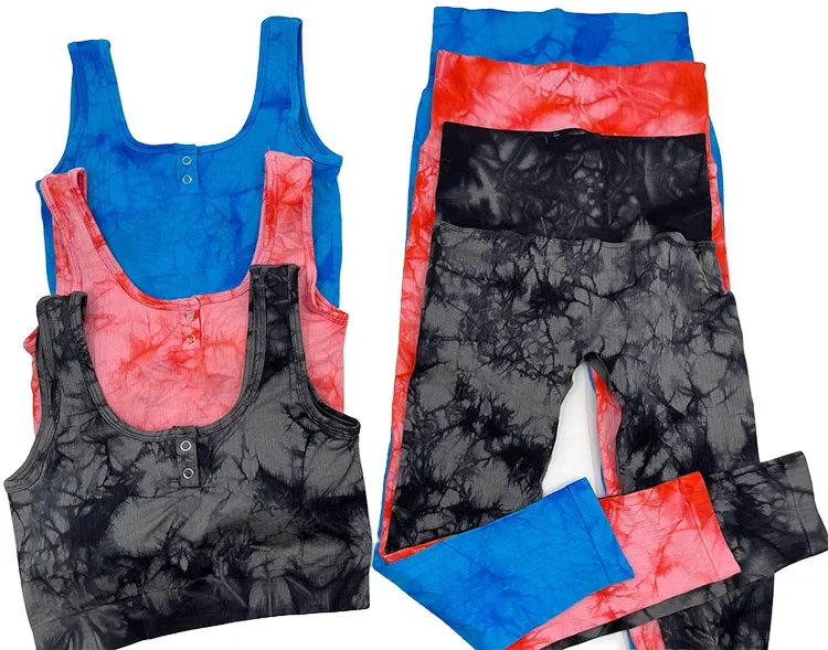 Yoga Sets Tie Dye Women's Gym Sleeveless Crop Vest Top Legging Pant Set Sportswear Fitness Sports Suit Workout Clothes for Women