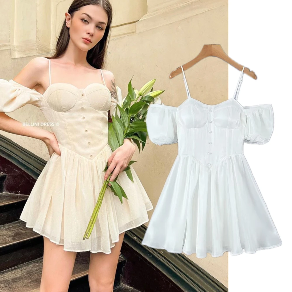 

Jenny&Dave 2023 Fashion Camisole Sexy Waist Dress Women Summer Blogger French Retro Square Neck Puff Sleeve Mini Dress