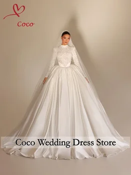 Abito da Sposa di Lusso Personalizzato Stile Ball Gown con Collo Alto e Maniche Lunghe, Vestito da Sposa con Pizzo, Perle e Perline, Vestidos De Noiva