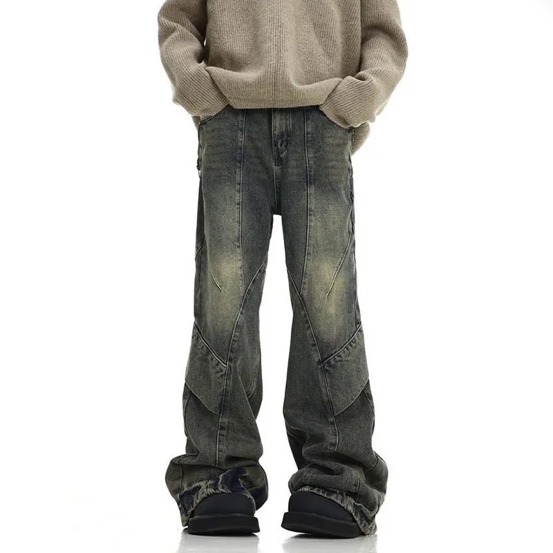 IEFB High Street Male Denim Pants Asymmtrical Spliced Vintage Design Washed Loose New Men‘s Jeans 2024 Autumn Trend 28W3860 2
