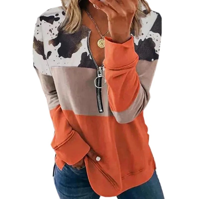 Fashion Women Zipper Sweatshirts Spring Autumn Long Sleeve Casual Loose Patchwork Pullovers Chic Printed Tops Blusas Female 5XL