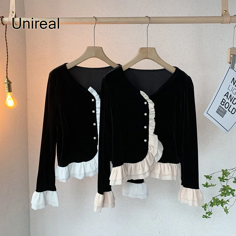 

Unireal 2022 Autumn Women Ruffle Shirt Blouse Long Sleeve Cute Ladies Black Vintage Party Velvet Shirt Tops