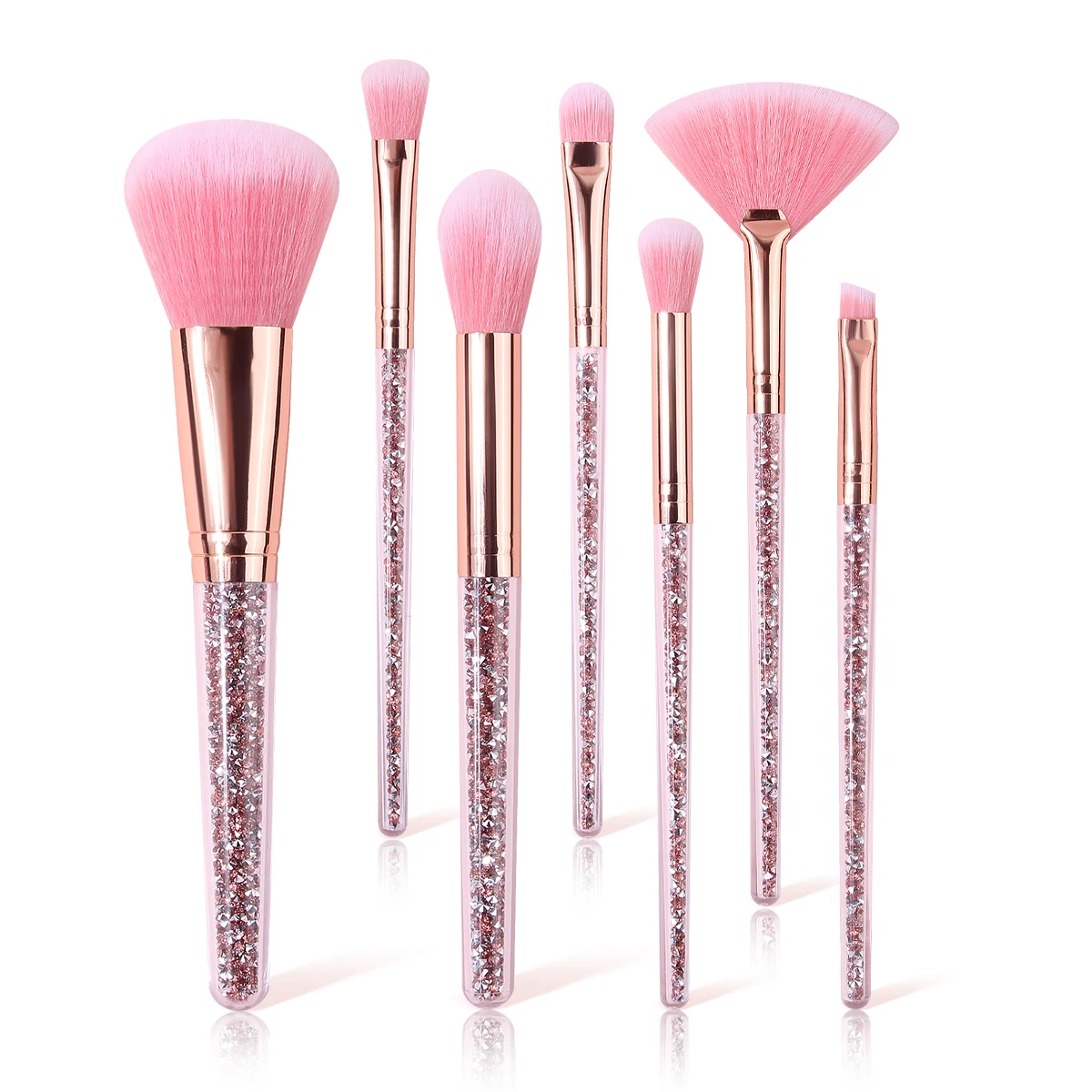 7개입 핑크 크리스탈 메이크업 브러쉬 세트 로즈 골드 핸들 파운데이션 아이섀도..