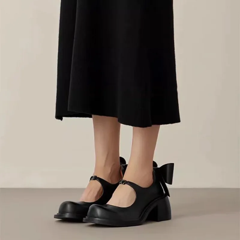 Big Toe Bow Black High Thick Heels Mary Jane Shoes 2025 Spring New Coarse Heels Women's Versatile Leather Shoes Single Shoes 2