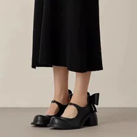 Big Toe Bow Black High Thick Heels Mary Jane Shoes 2025 Spring New Coarse Heels Women's Versatile Leather Shoes Single Shoes 2