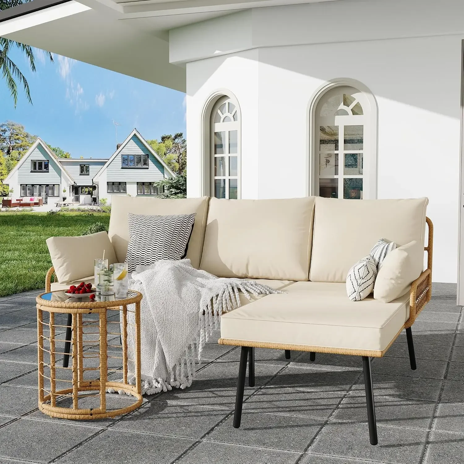 NEW-3-Piece Bistro Set, All-Weather Wicker Patio Conversation Set, Outdoor Sectional Furniture Chairs with Table & Cushions Beig