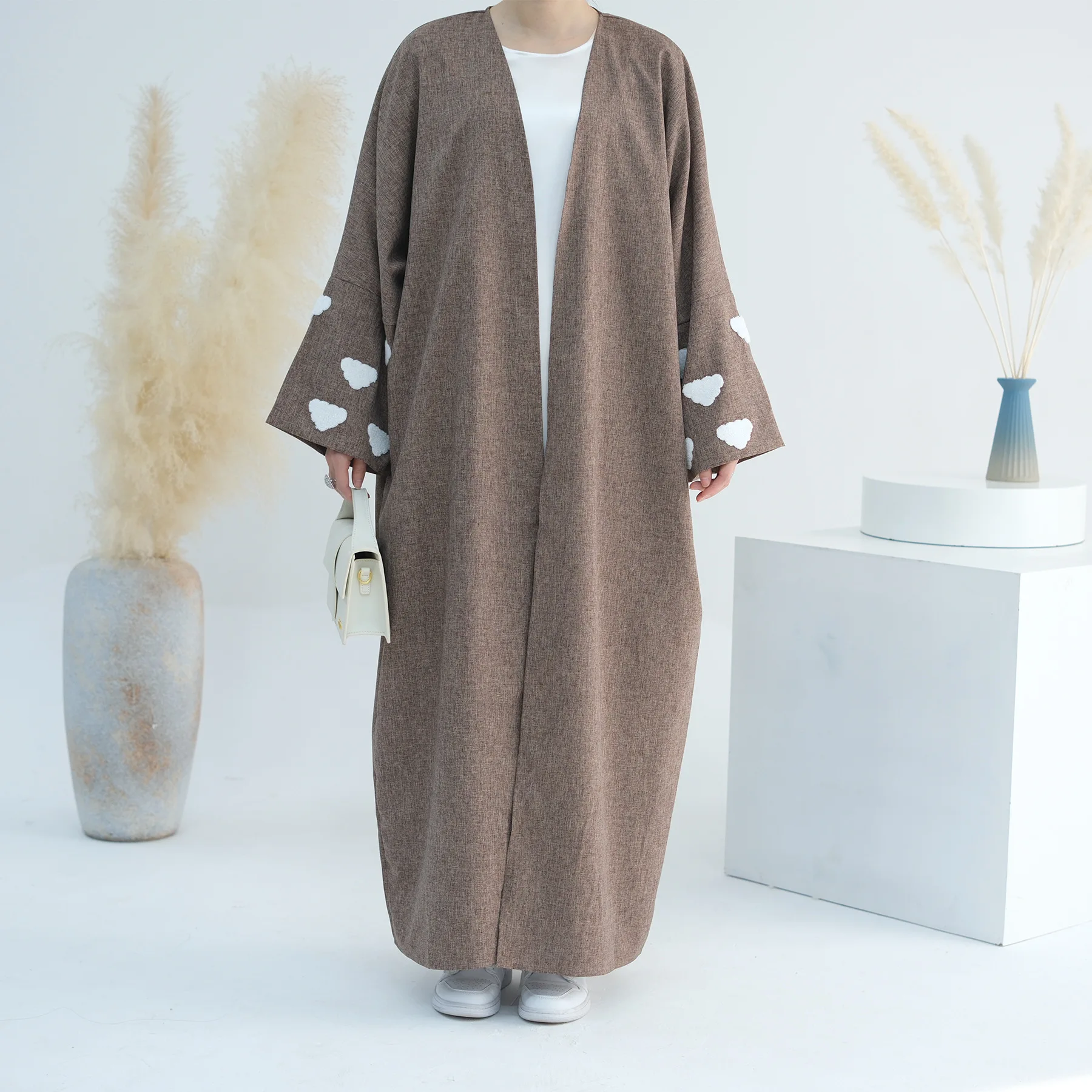 Cotton Linen Open Abaya Kimono Cloud Embroidery Muslim Outwear Turkish Abayas for Women Dubai Islam Modest Clothes Kaftan Dress
