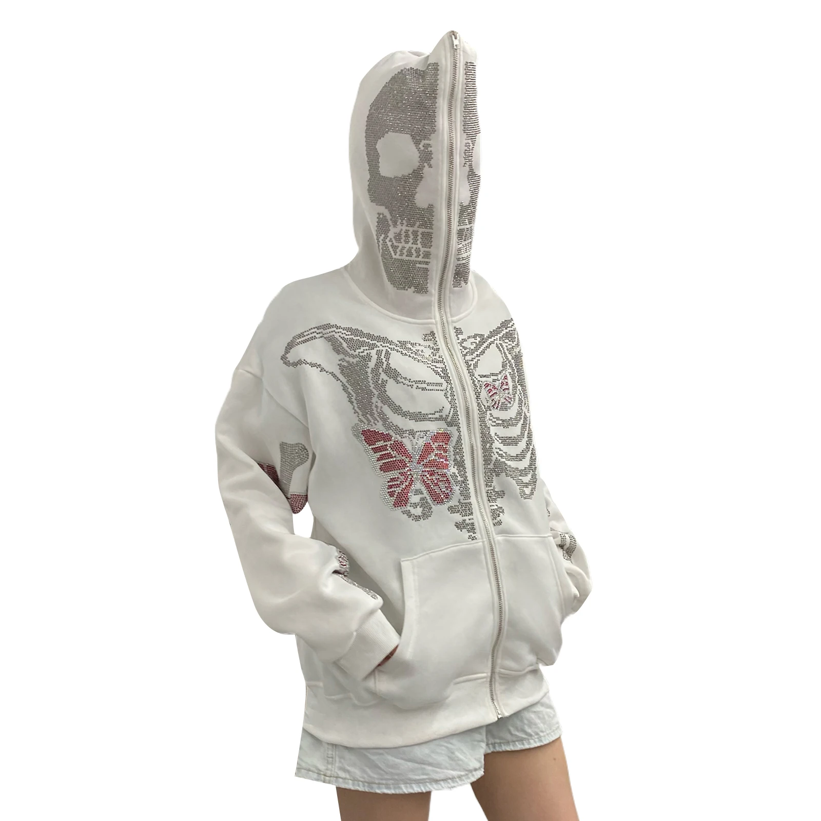 Rhinestone Butterfly Skeleton Hoodie Y2k Full Zip Up Hoodies