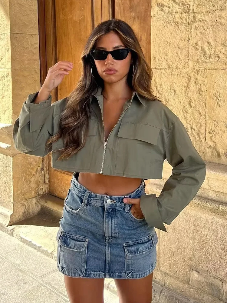 

Pockets Army Green Short Blouse Shirt for Women Autumn Turn Down Collar Fashion Crop Top Long Sleeve Buttons Blusa Mujer