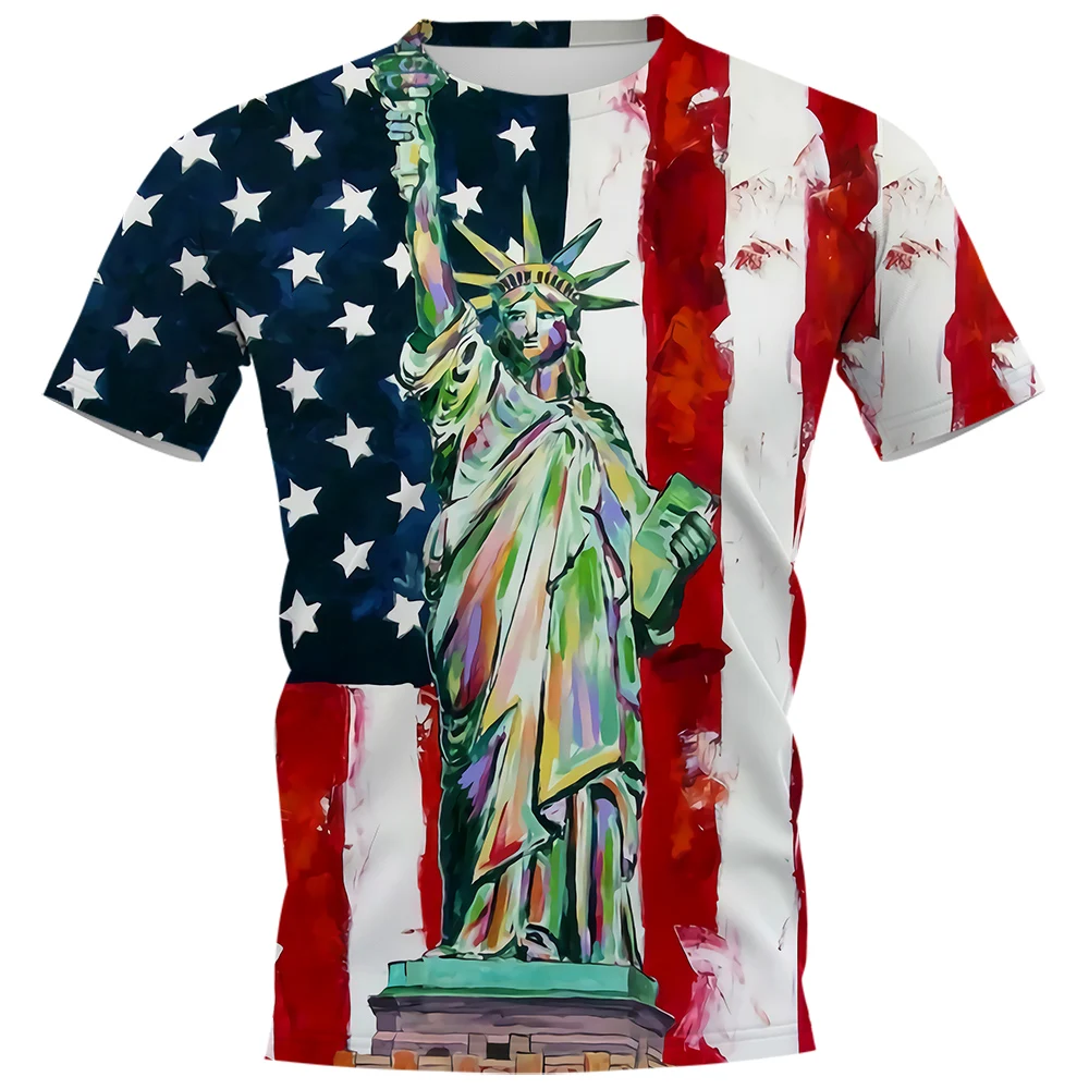 

HX American Flag T-shirt Independence Day Statue of Liberty 3D Printed T-shirts Casual Pullover Tops Men Clothing