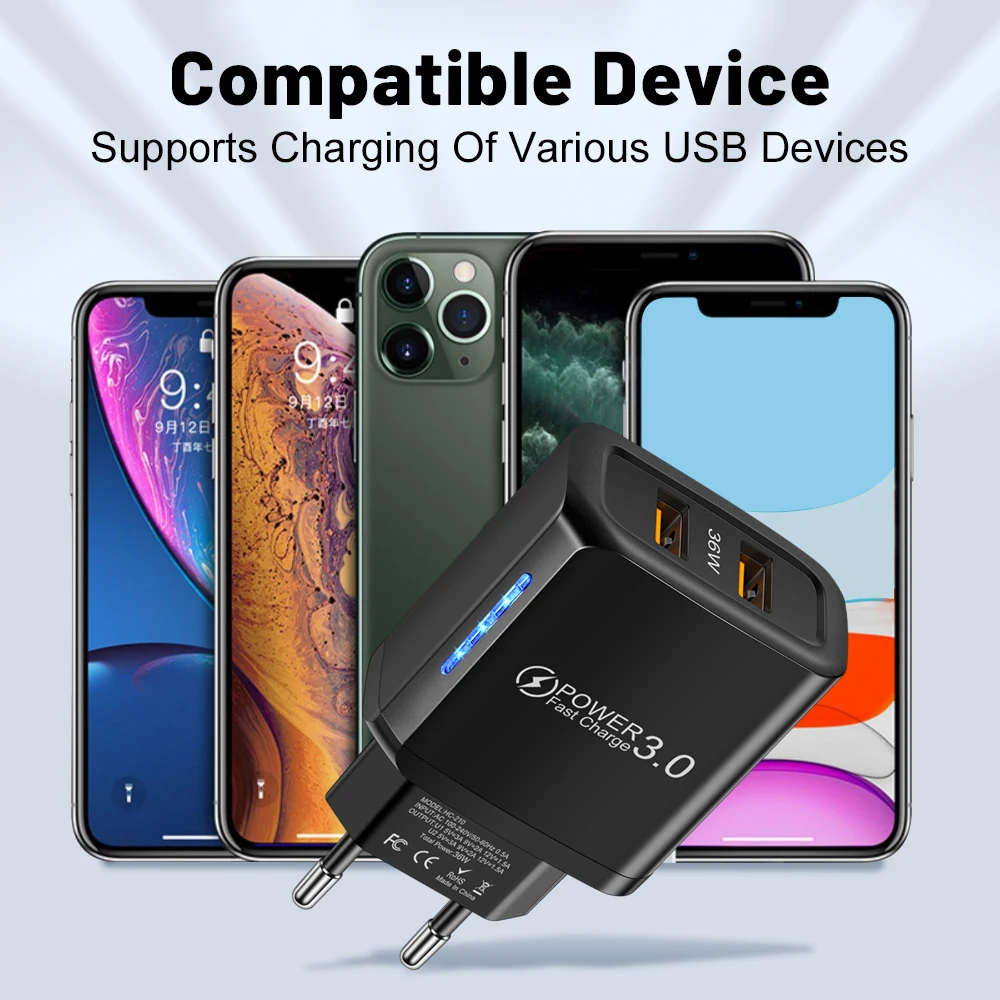 Universal USB Charger 36W Phone Adapter Charger Dual USB Fast Chargers for iPhone 17 Xiaomi Huawei Travel Charging Wall Adapter