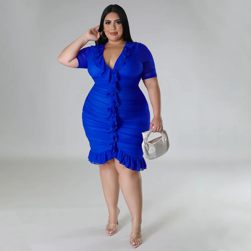 Plus Size Curvy Woman Dress Ruffle Short V Neck Cloth Female Fashion Luxury Elegant Gown 2023 Spring Evening Party New In Dress