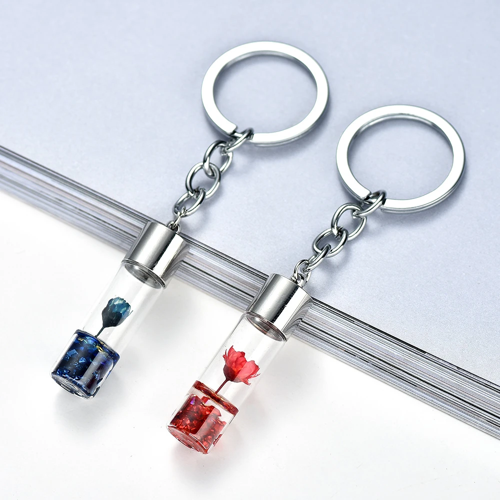 Key Chains Fashion Natural Eternal Flower Dried Flower Plants Wishing Bottle Key Holder Women Bags Accessories