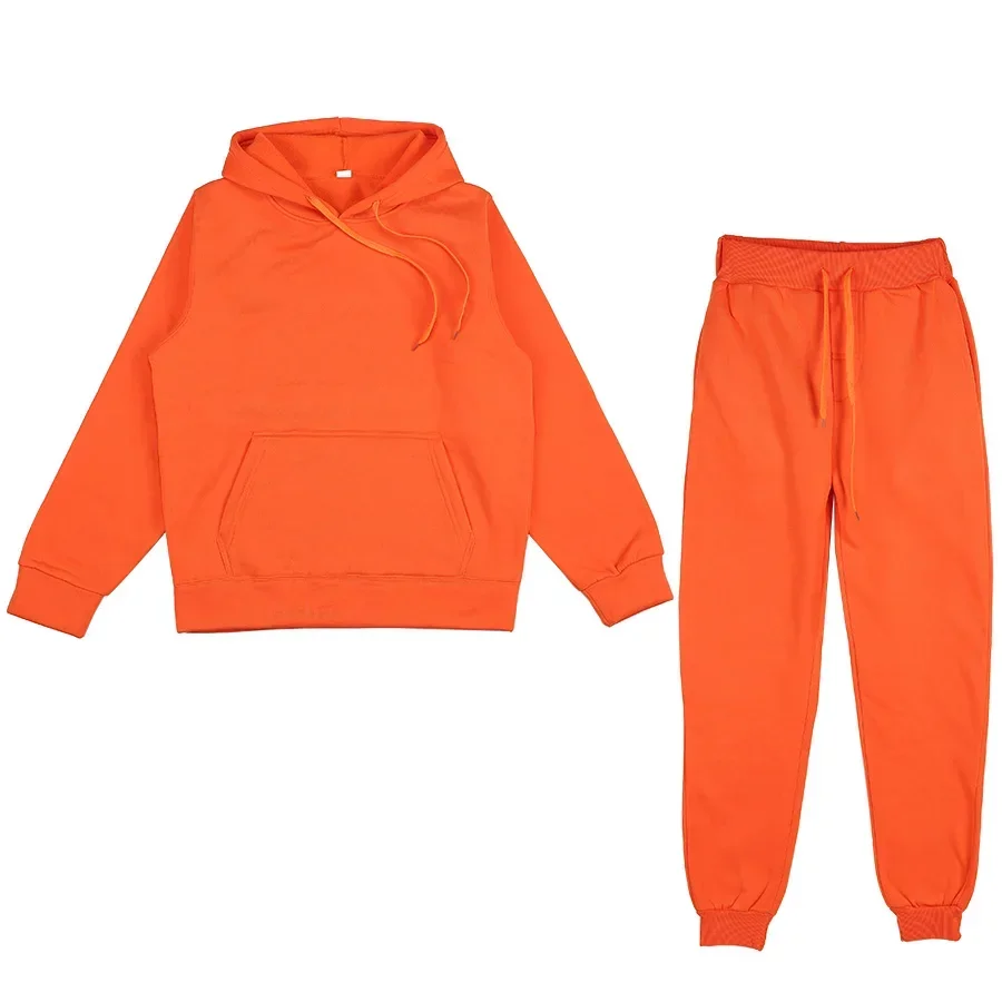 Winter Fleece Solid Two Piece Set Casual Hooded Sweatshirt & Elastic Waist Pants Outfits Tracksuit Women Autumn Long Sleeve Suit
