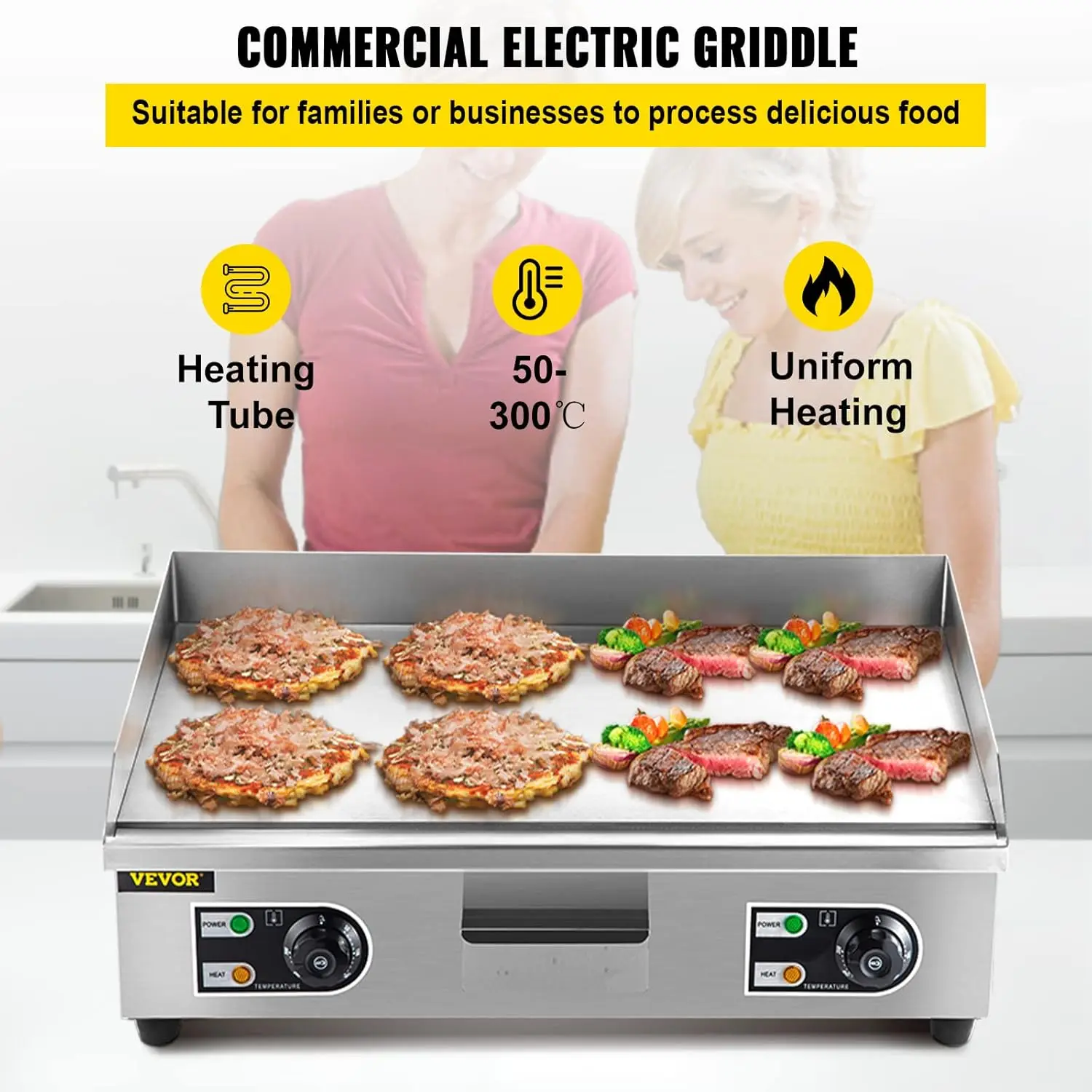 Griddle, 26" Teppanyaki Grill, 3200W Electric Flat Top Grill, Stainless Steel Electric Countertop Griddle w/Drip Hole, 50-300℃ E 4