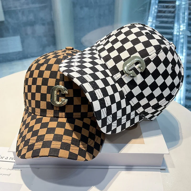 Baseball Cap Women Hats Fashion Designer Letter Metal Embroidery 2022 Checkerboard Plaid Kpop Snapback for Outdoor |