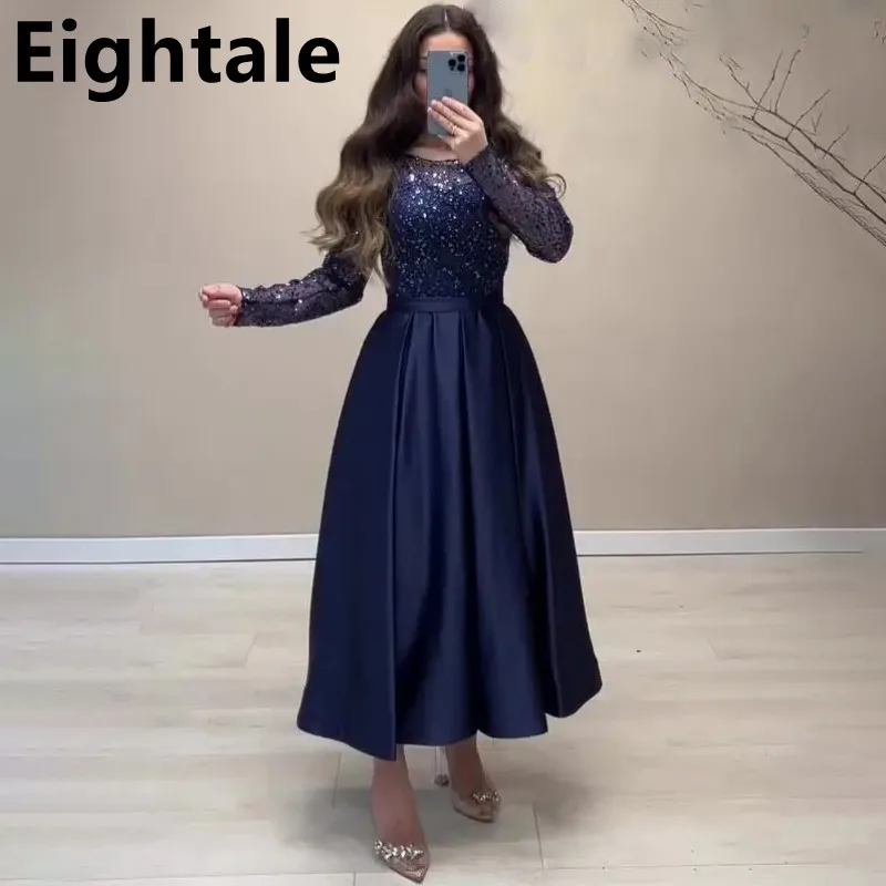 

Eightale A Line Long Sleeve Sequin Navy Blue Ankle Length Evening Dress For Wedding Party Formal Prom Dress Dubai Party Gown