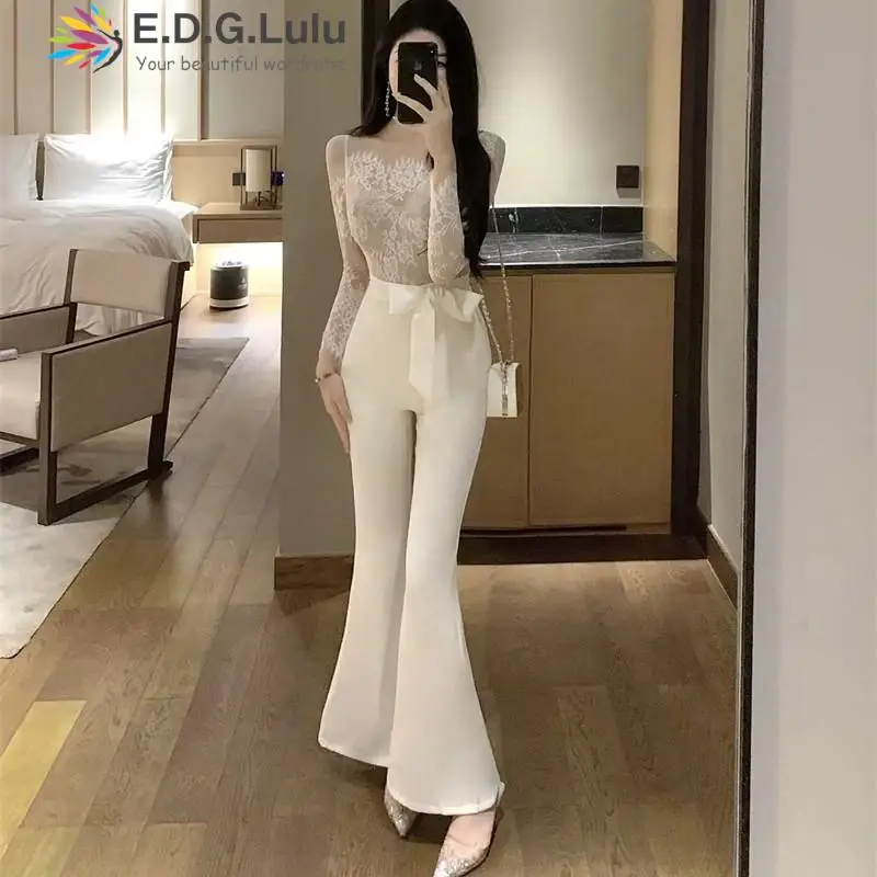 

EDGLuLu Sexy Hollow Embroidery Lace Patchwork Jumpsuit High Waist Bow Wide Leg Jumpsuit Black Rompers One Pieces Overalls 1108