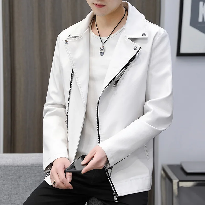 

Мужская приталенная кожаная куртка, молодежная модная повседневная мотоциклетная куртка из искусственной кожи с косым молнией и лацканами, весна 2024