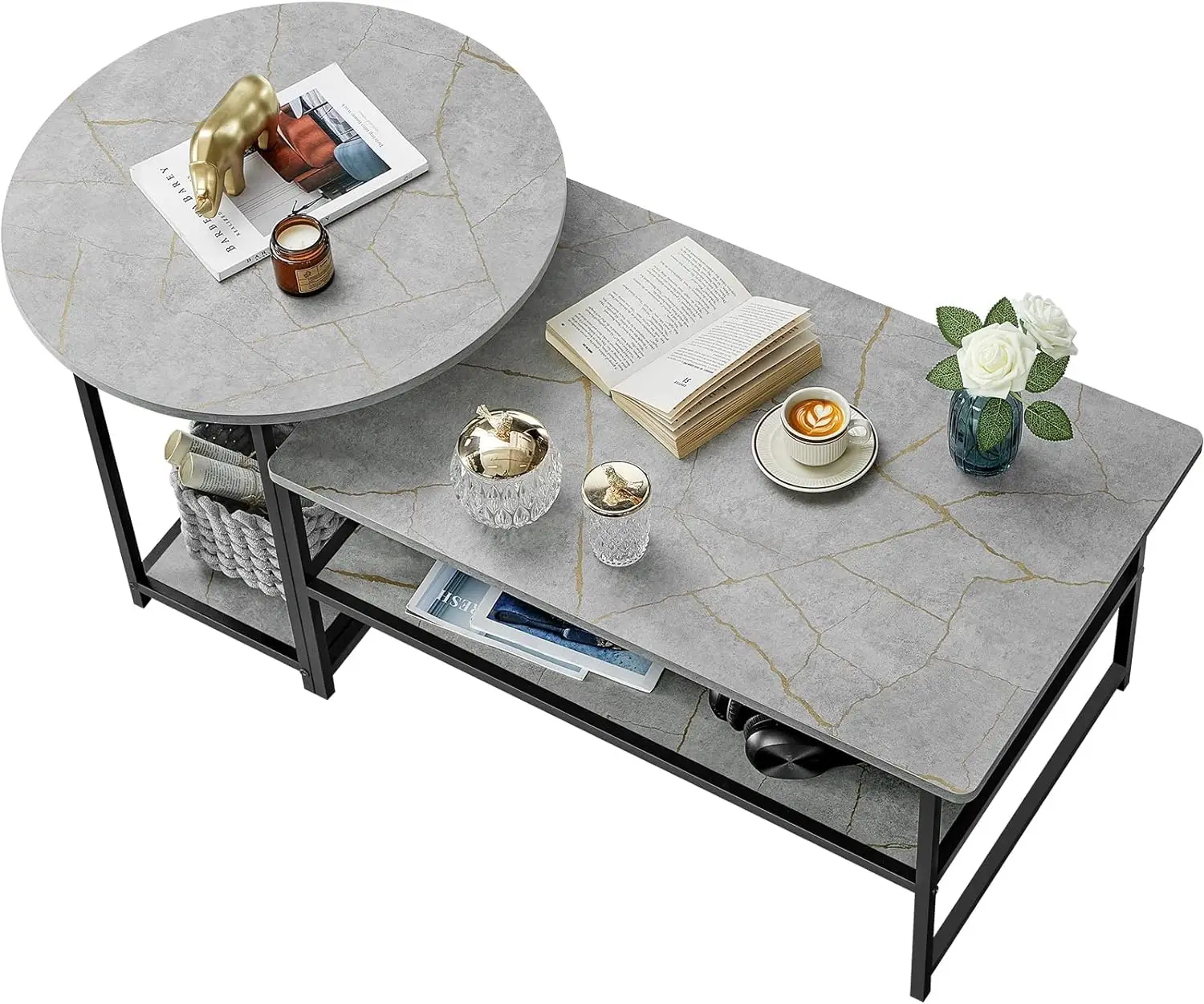 WOHOMO Coffee Table, Modern Style Coffee Tables for Living Room Marble Center Table with Storage 2 in 1Detachable Table Set,Grey