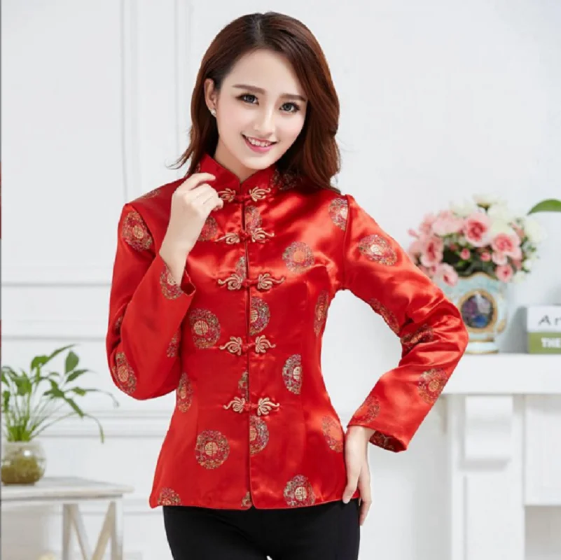 Chinese Traditional Red Women Silk Satin Tang Shirt Blouse Vintage Long Sleeve Jacket Wedding Party Birthday Coat Size S-3XL