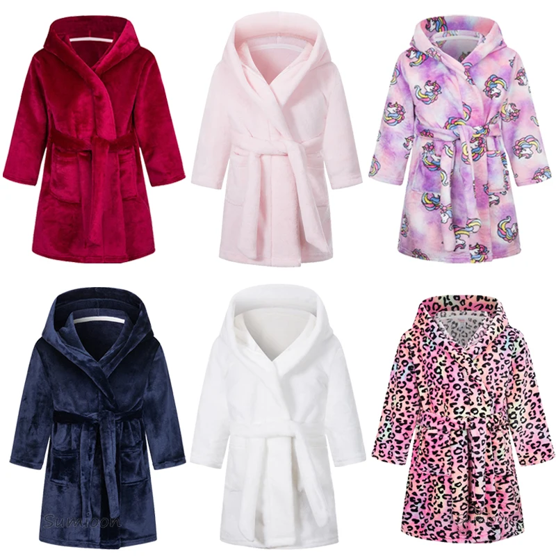 Baby Girls Clothes Winter Flannel Robes for Kids Teen Girls Bathrobe for 2-12 Y Children Pajamas Robes Pink Blue Navy Bath Towel kids bathrobe
