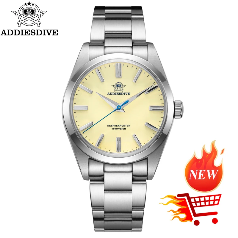 

ADDIESDIVE Watch For Men Beige Dial Sapphire 36mm AR Coating Dome Glass 100m Waterproof Stainless Steel VH31 Dress Wristwatch