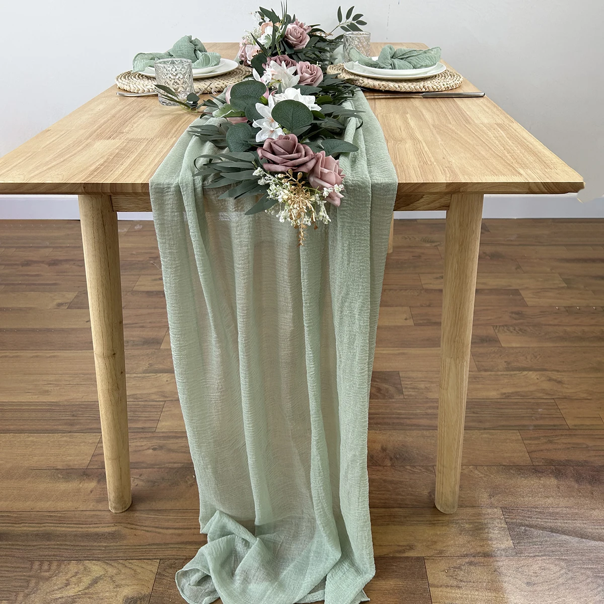 

Cheesecloth Sage Green Table Runner Boho Gauze TableclothFabric for Bridal Wedding Baby Shower Decor Valentines Birthday Party