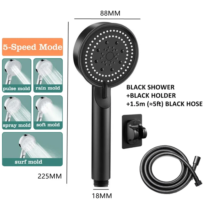 

High Pressure Shower Head 5 Modes Adjustable Showerheads with Hose Water Saving Spray Nozzle Bathroom Accessories