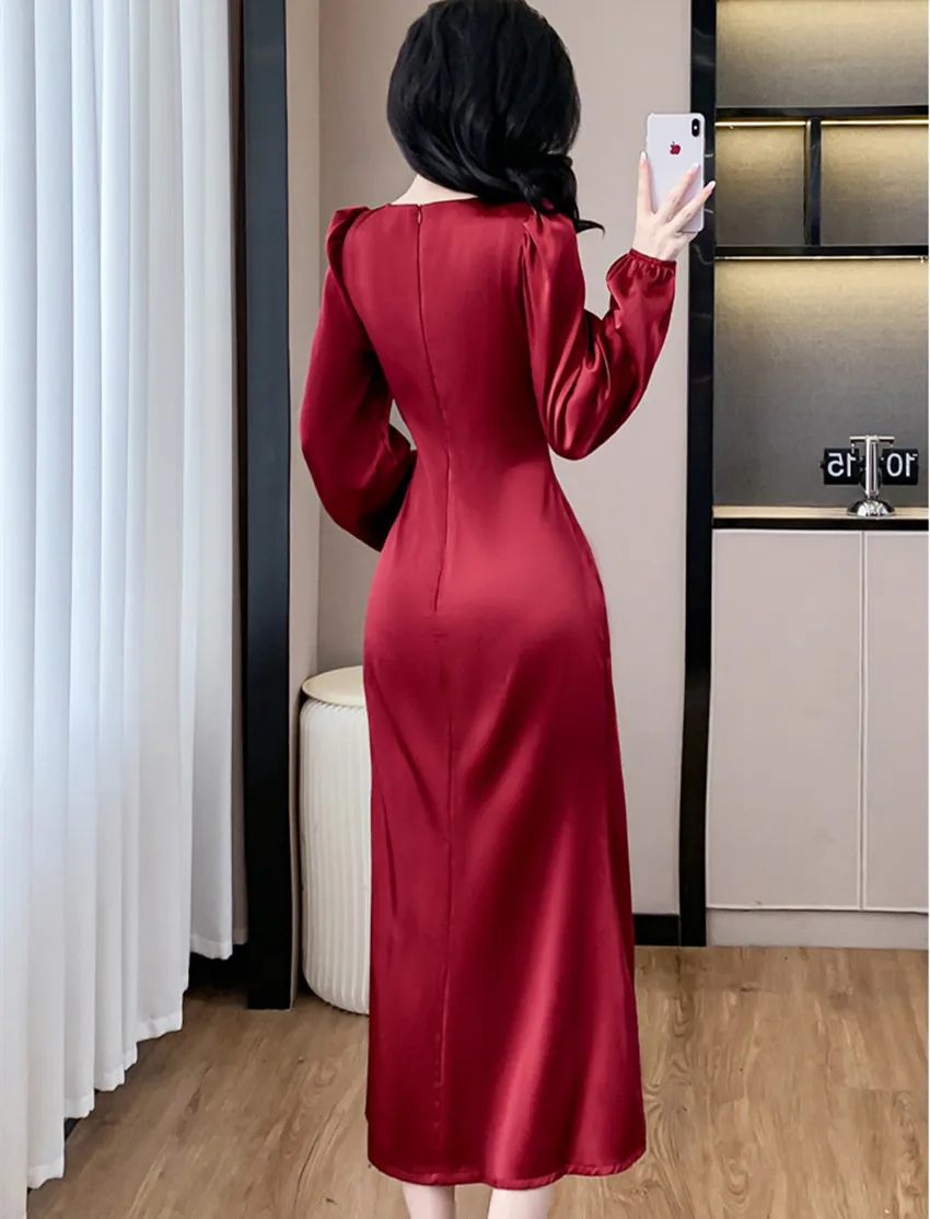 Fashion Autumn Red Satin Prom Party Bodycon Mermaid Midi