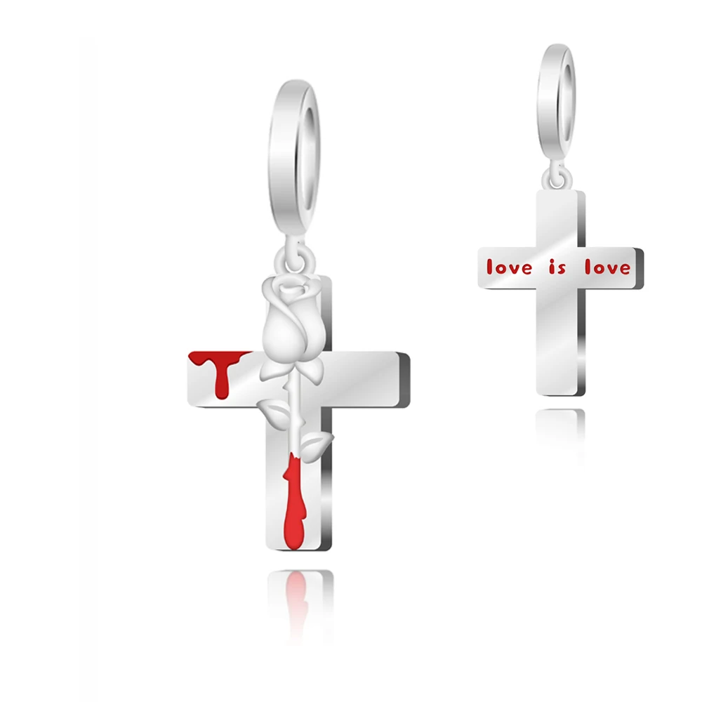

The Guardian of Love Cross & Rose Double Pendant Charm Fit Pandora Basic Bracelet DIY Women Jewelry Gift Original Design