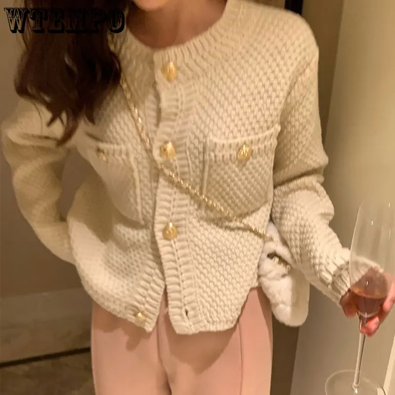 WTEMPO Elegant Knitted Cardigans French Style Vintage Gold Buttons Sweaters Women Fall Winter Casual New Short
