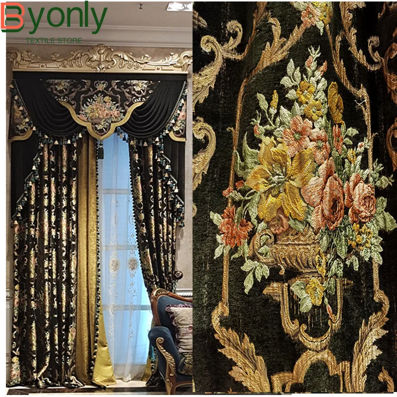 

Custom Embroidered Window Screen Thickened Black Chenille Curtains for Living Room Bedroom French Window Balcony Villa Valance