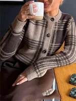 2025 Women Fashion Knitted Cardigans Long Sleeve Button Checkered Print O-Neck Sweater Cardigan Autumn Winter New Outerwear ﻿