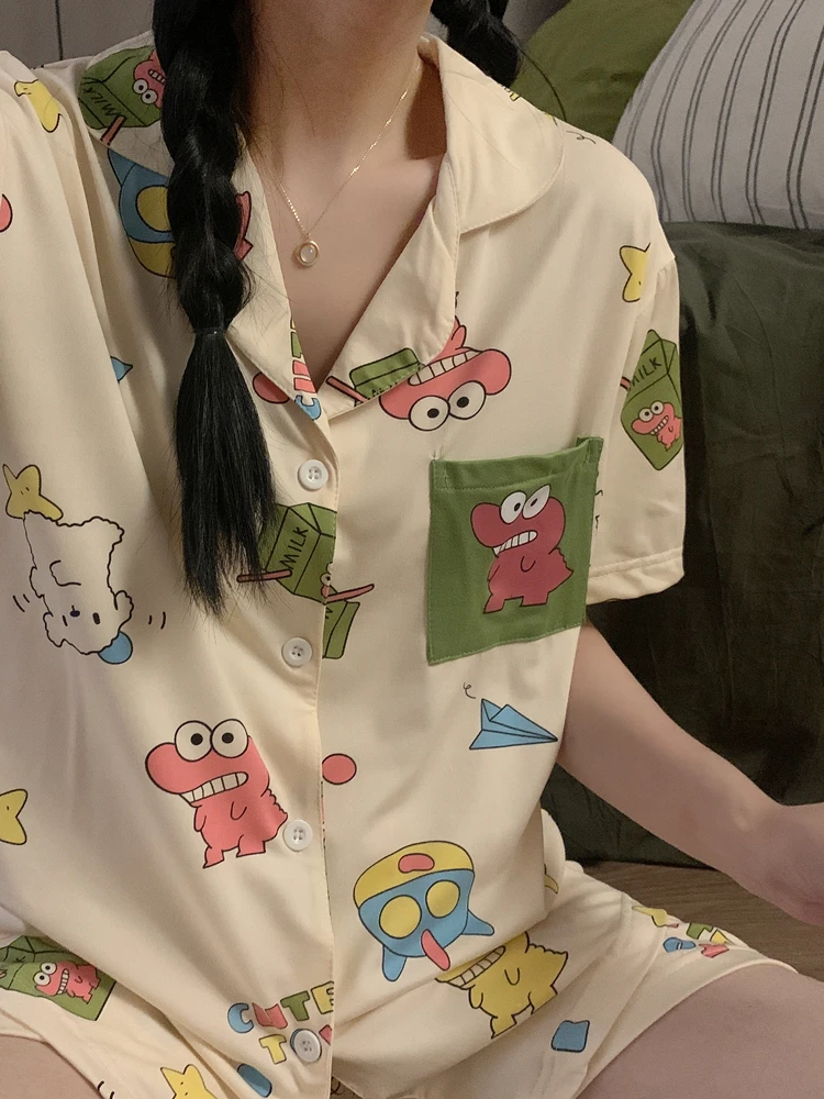 

Женская пижама Корейская Милая летняя ночная женская пижама с мультяшным принтом модная свободная Пижама с коротким рукавом для женщин пижамы