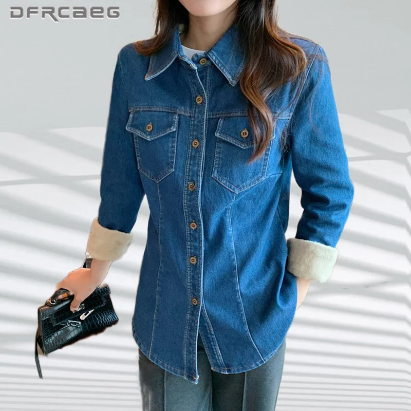 

Streetwear Winter Plus Velvet Jeans Blouses For Women 2023 Fashion Long Sleeeve Thicken Denim Shirt Tops Female