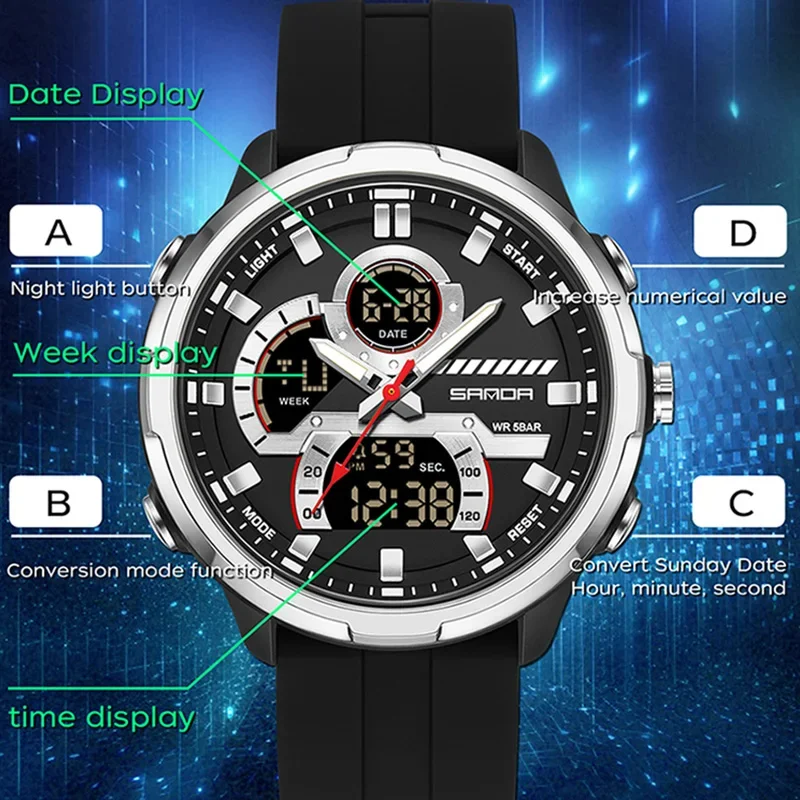 Sanda G Style Dual Display Men's Electronic Watch 5atm Waterproof Night Light Stopwatch Multifunctional Sports Quartz Wristwatch, Alina Gadgets