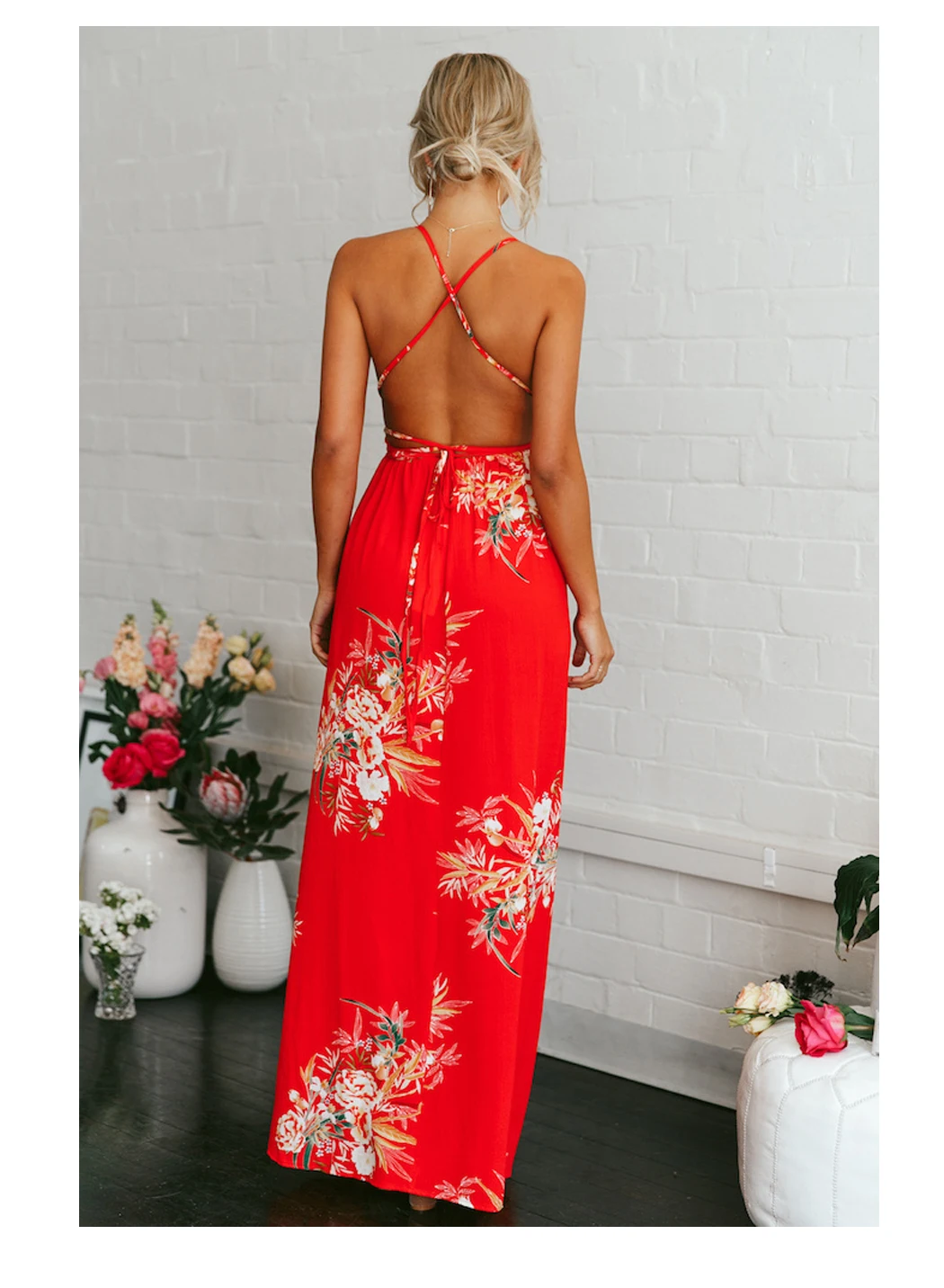 Women's Strap Floral Print Lace Up Backless Deep V Neck Sexy Split Beach Maxi Dress bodycon dress