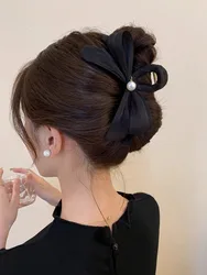 Elegant Women's Large Bow and Pearl Hair Claw Clip - High - Quality Korean - Inspired Accessory (Black)