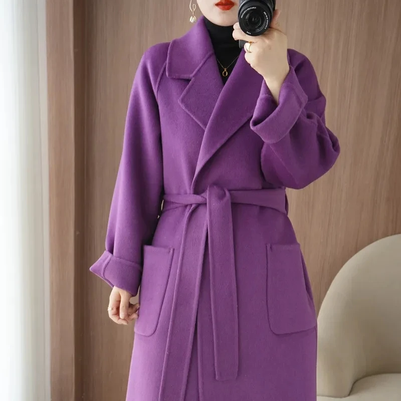 100% Wool Coat Women's Wear 2024 Autumn/Winter Fashion Temperament Double sided Cashmere Coats with Belt Elegant Long Overcoat 5