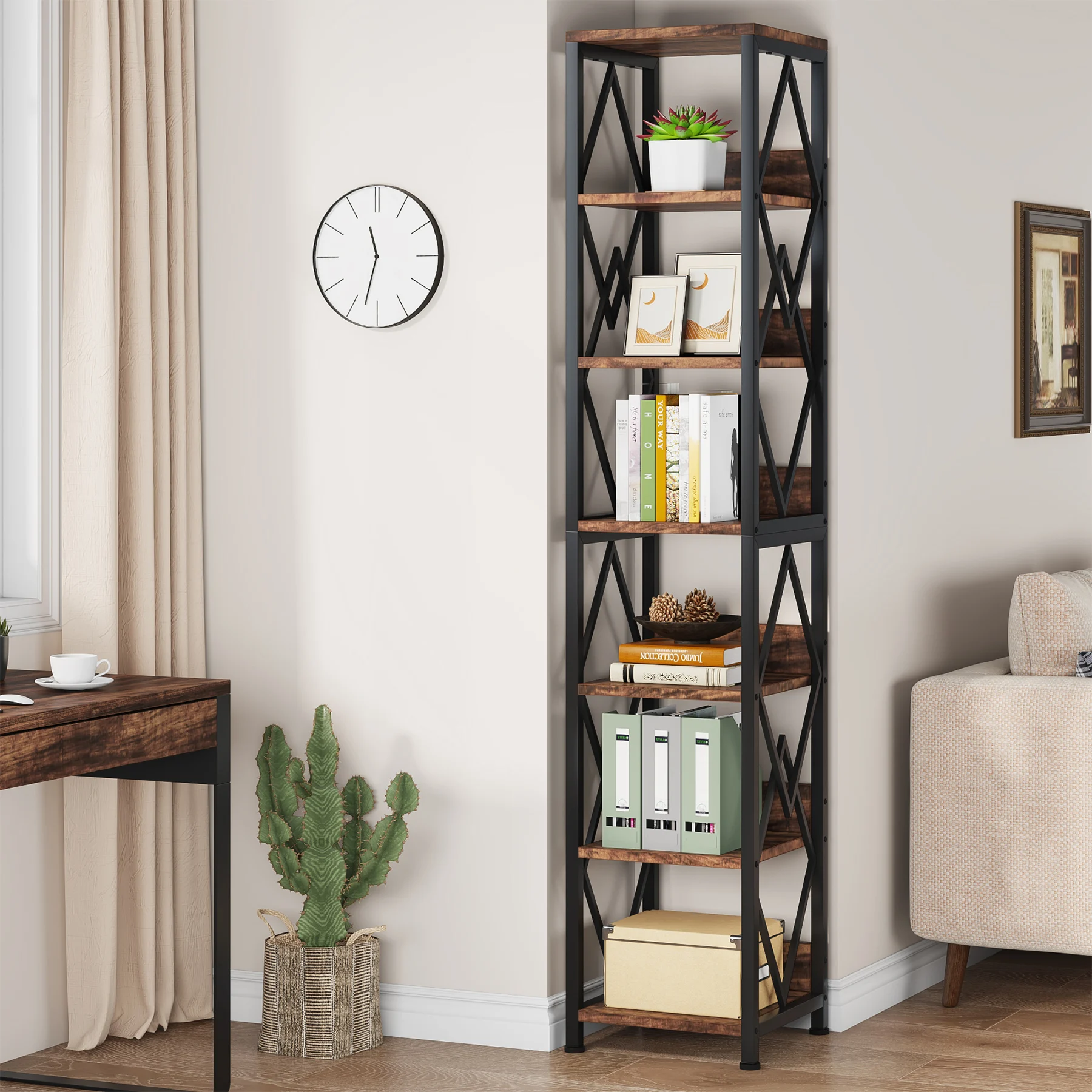 

Tribesigns 6-Tier Bookshelf Storage Shelves: 75 Inches Tall Narrow Bookcase with Heavy Duty Metal Frame, Skinny Open Storage Dis