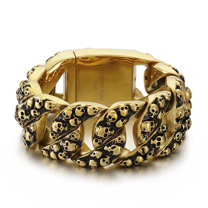 

32mm Heavy Punk Men Gold Color Chunky Bike Biker Skull Bracelet 316L Stainless Steel Curb Cuban Chain Bracelets Bangle Jewelry