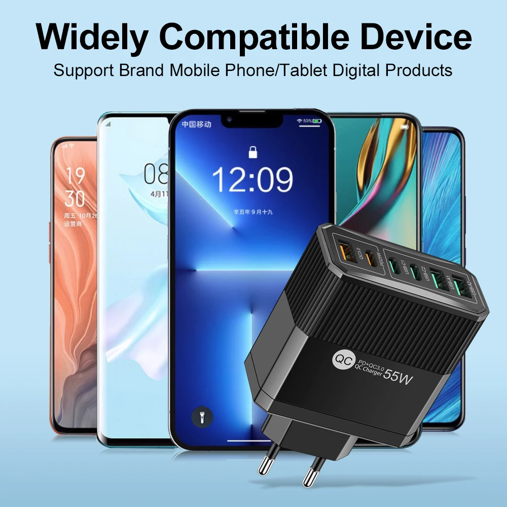 55W 6-Port PD USB C Charger Fast Charging QC3.0 Travel Charger For iPhone Samsung Huawei Xiaomi Phone Charger Plug Wall Adapter