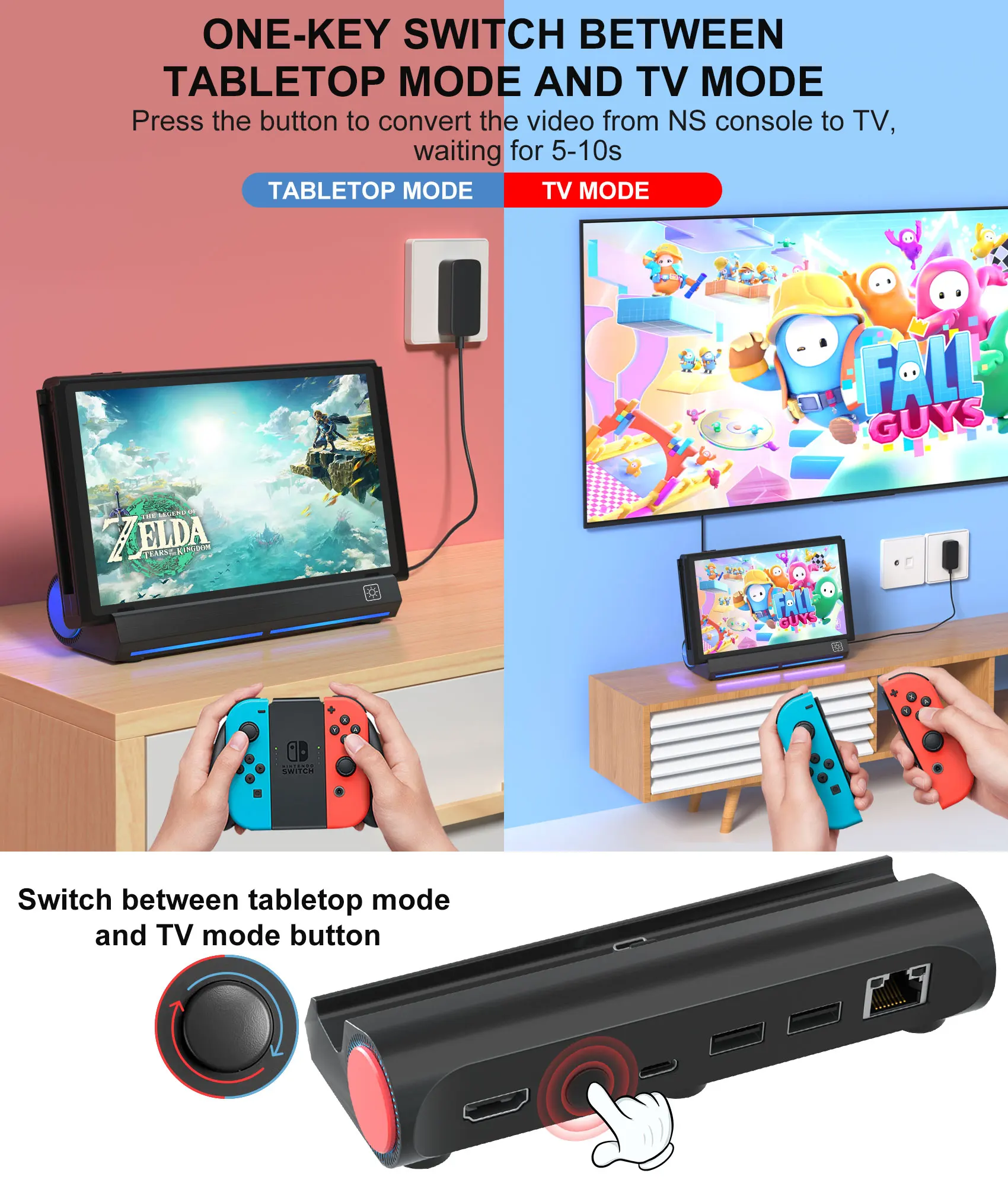 Nintendo Switch/Nintendo Switch OLED Dock(4K HDMI 어댑터/USB 2.0/Type-C 포트 포함)용 휴대용 도킹 스테이션 스위치