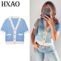 HXAO 2025 Crop Knit Cardigan Women's Sweater Summer Knitwear Crop Blue Knitted Short Sleeve Outerwears Button Cute Cozy Sweaters