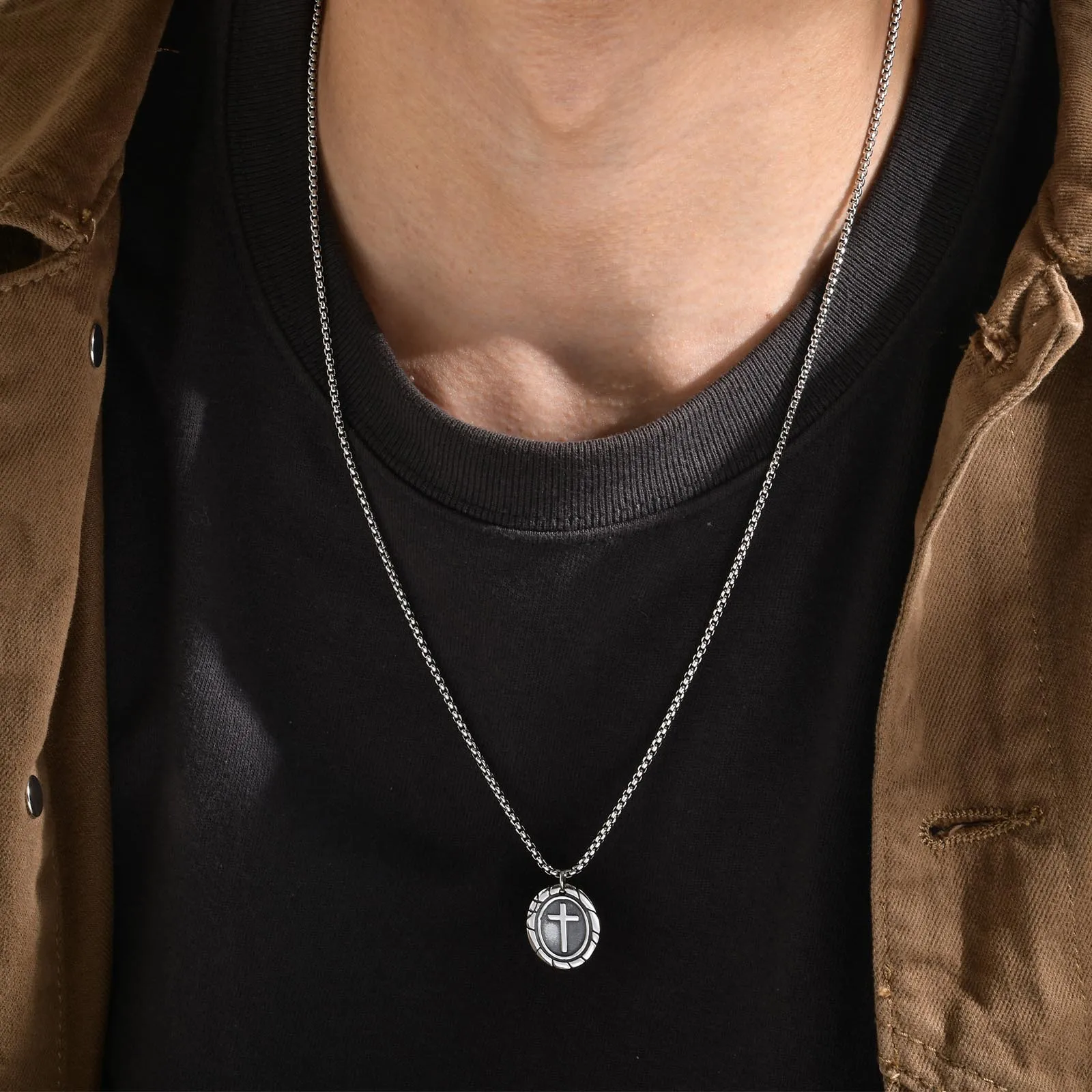 Men's Retro Silver Color Stainless Steel Cross Pendant Necklaces,New Punk Religious Faith Collar Gifts to Him Jewelry