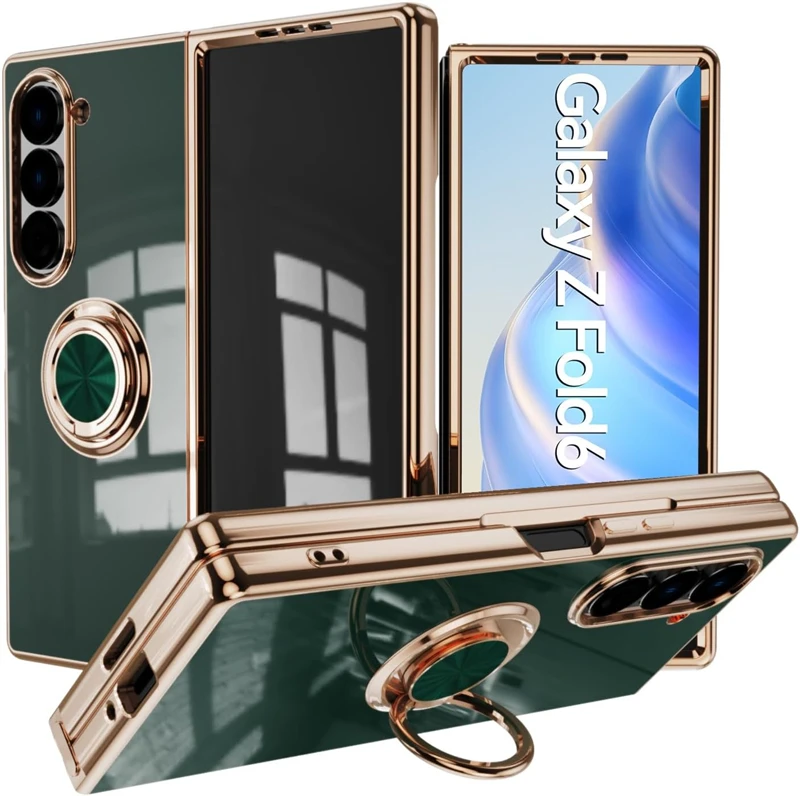 Luxury Plating Silicone Shockproof Solid Color Case for Samsung Galaxy Z Fold 7 6 5 4 Car Magnetic Ring Holder Protector Cover | Gaffar India