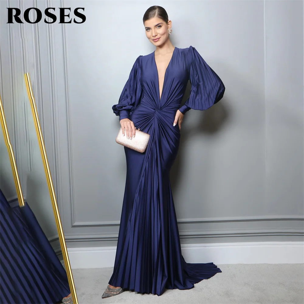 

ROSES Mermaid Sexy Chic Woman Evening Dress Gown Royal Blue Ball Gown Pleat Stain V Neck Night Dresses Gown robes de soirée